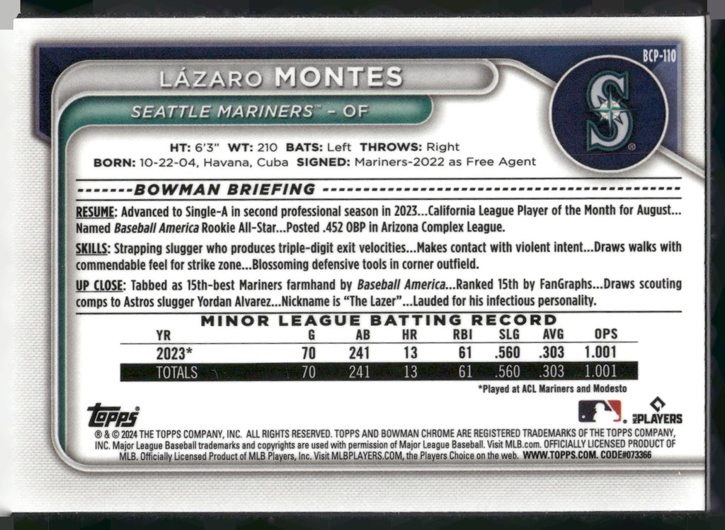 2024 Bowman #BCP-110 Lázaro Montes Chrome Prospects Mojo Refractors
