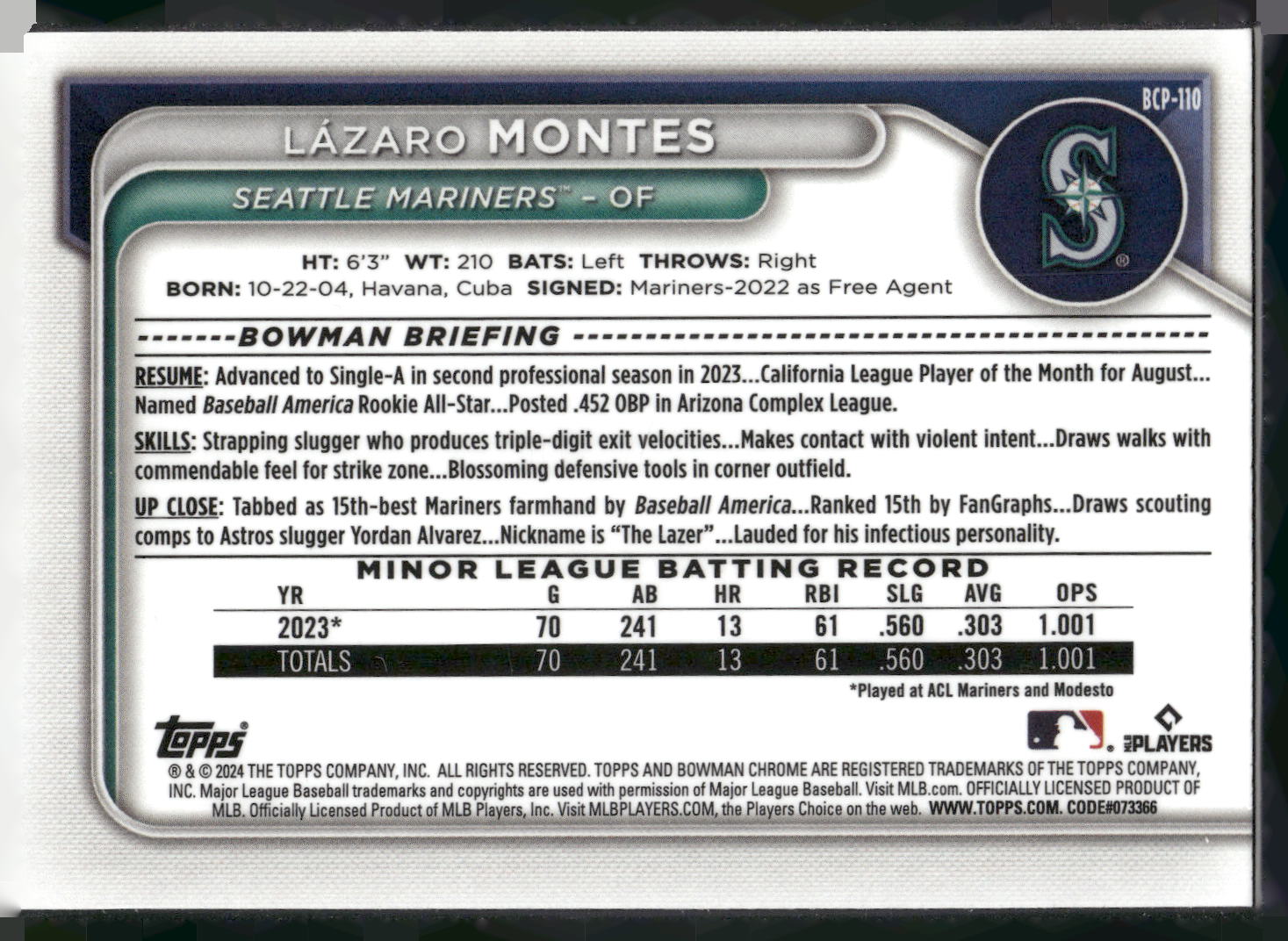 2024 Bowman #BCP-110 Lázaro Montes Chrome Prospects Mojo Refractors
