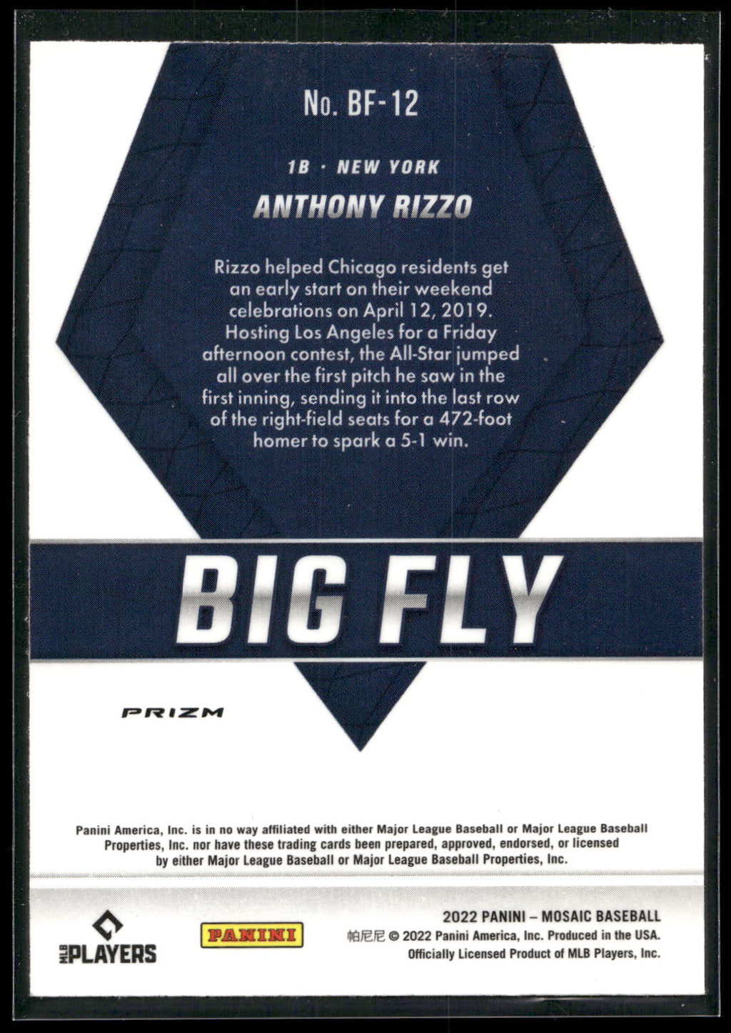 2022 Panini Mosaic #BF-12 Anthony Rizzo Big Fly Mosaic