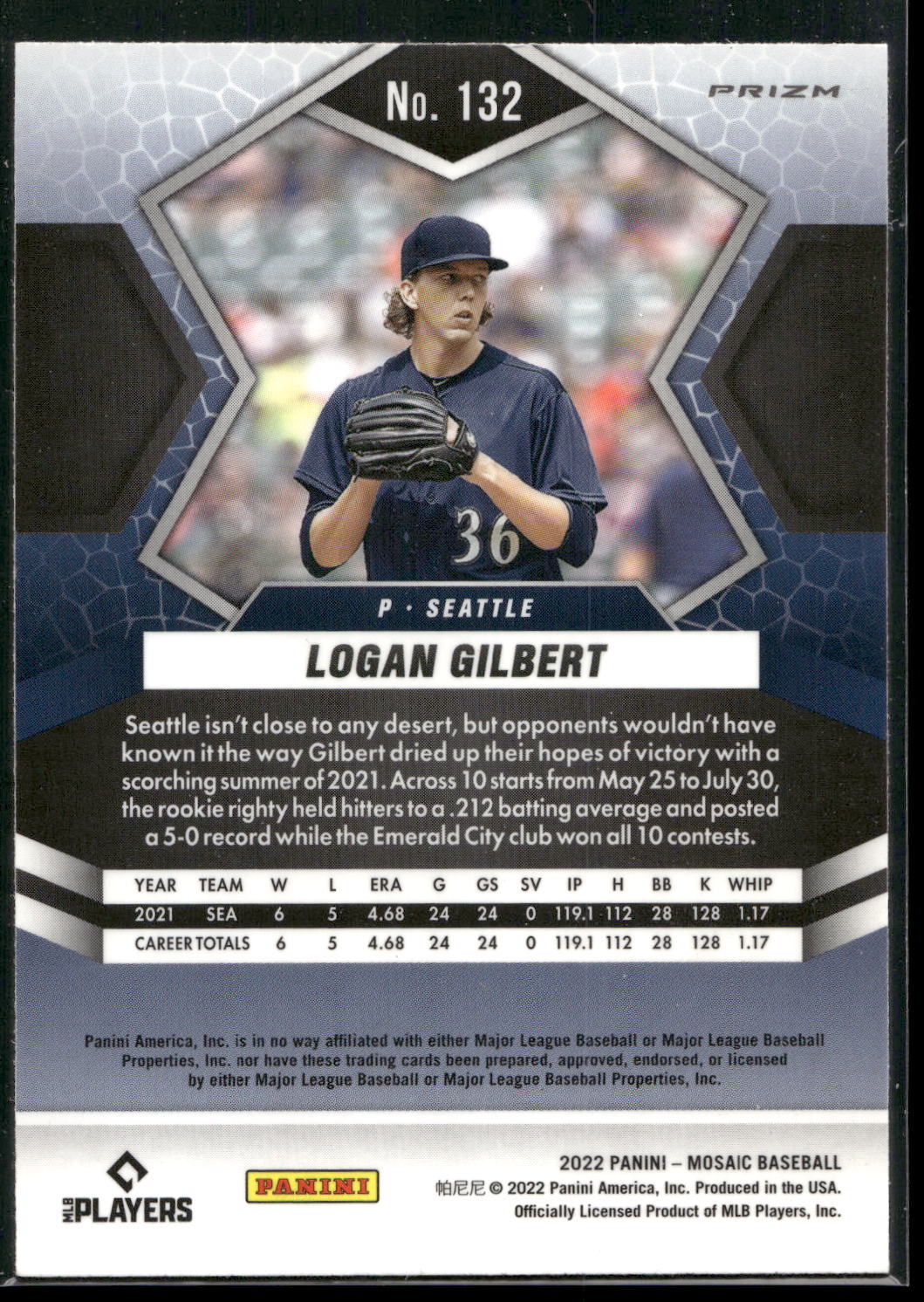 2022 Panini Mosaic #132 Logan Gilbert Blue Camo Mosaic
