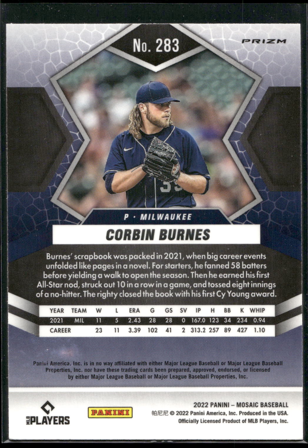 2022 Panini Mosaic #283 Corbin Burnes Blue Camo Mosaic