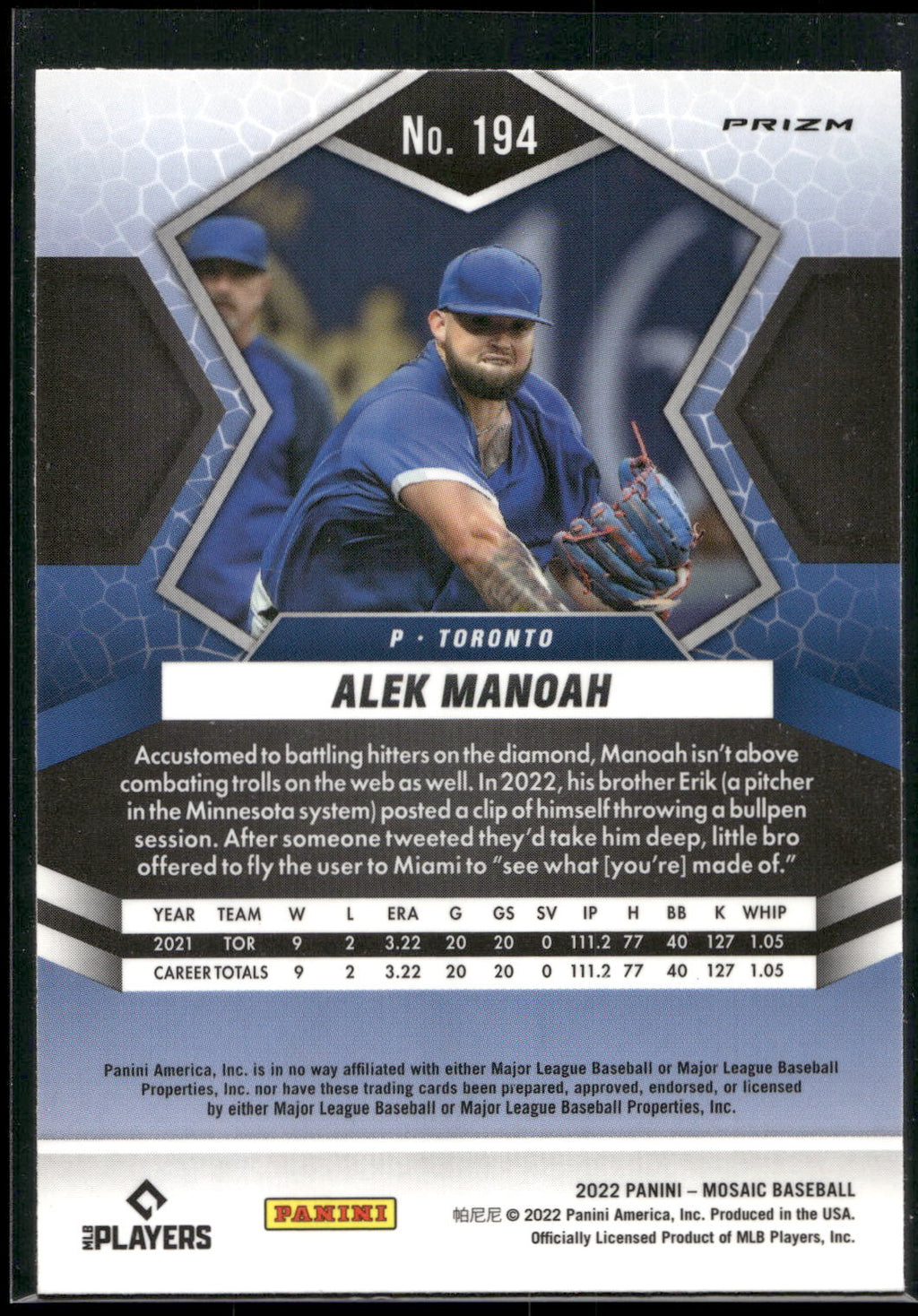 2022 Panini Mosaic #194 Alek Manoah Green Mosaic
