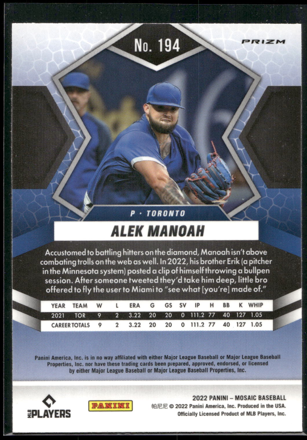 2022 Panini Mosaic #194 Alek Manoah Green Mosaic