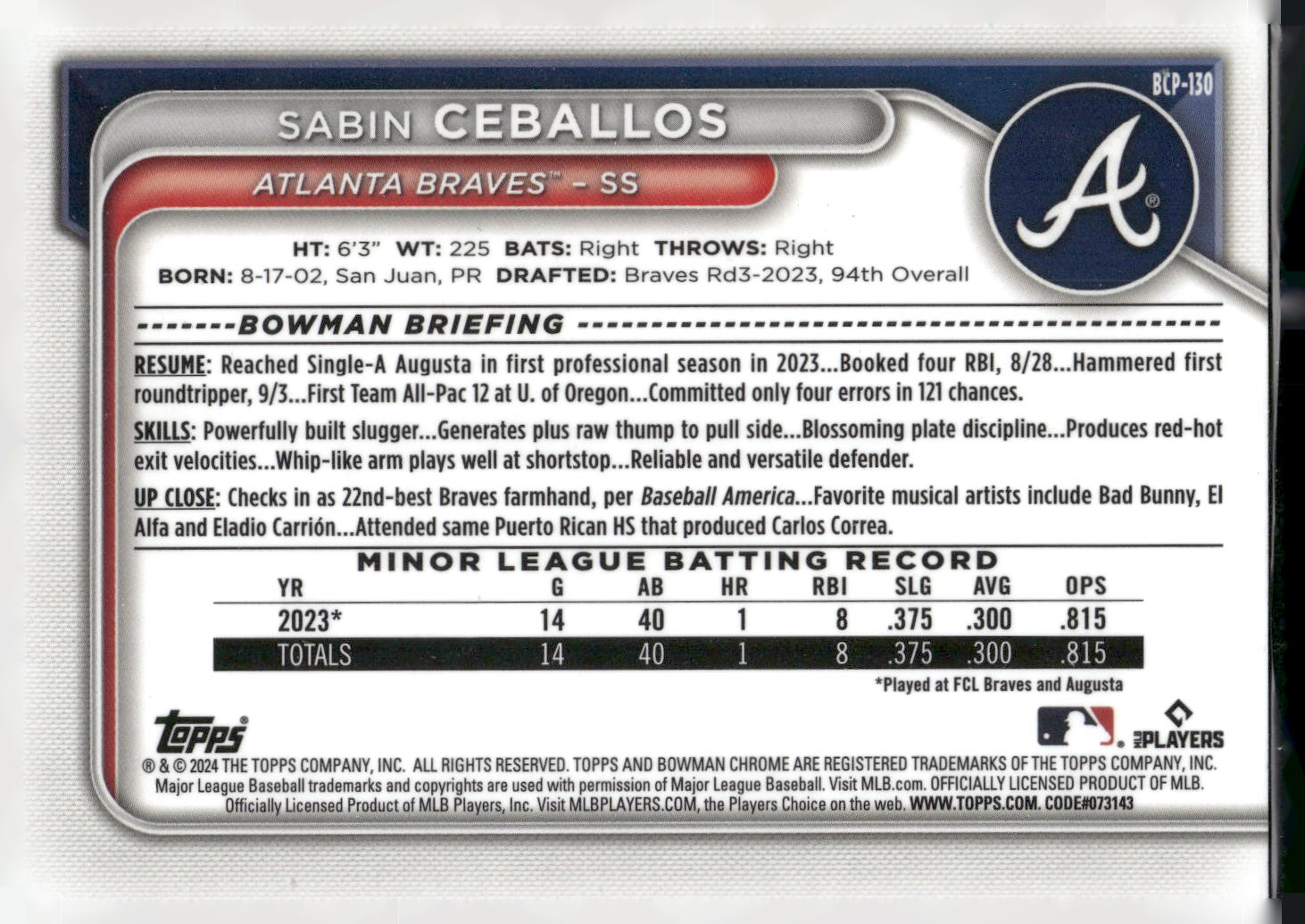 2024 Bowman #BCP-130 Sabin Ceballos Chrome Prospects Lunar Glow Refractors