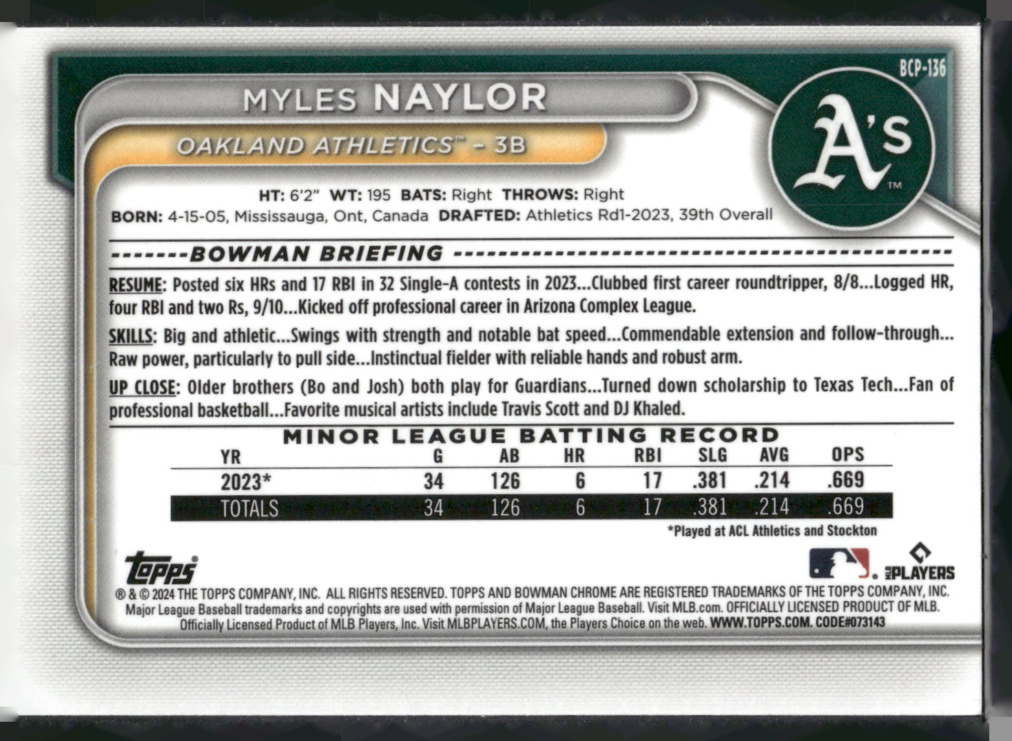 2024 Bowman #BCP-136 Myles Naylor Chrome Prospects Lunar Glow Refractors