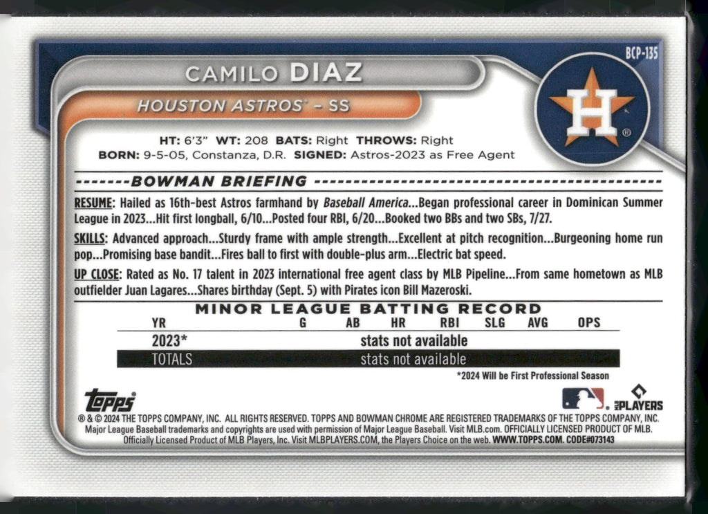 2024 Bowman #BCP-135 Camilo Diaz Chrome Prospects Lunar Glow Refractors