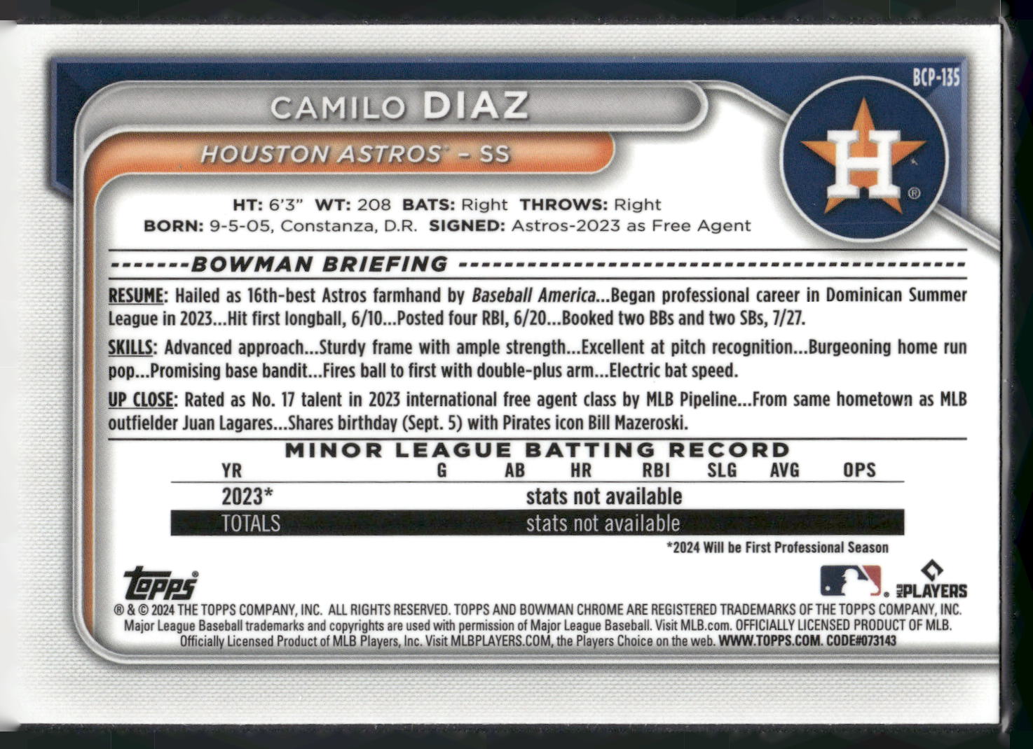 2024 Bowman #BCP-135 Camilo Diaz Chrome Prospects Lunar Glow Refractors