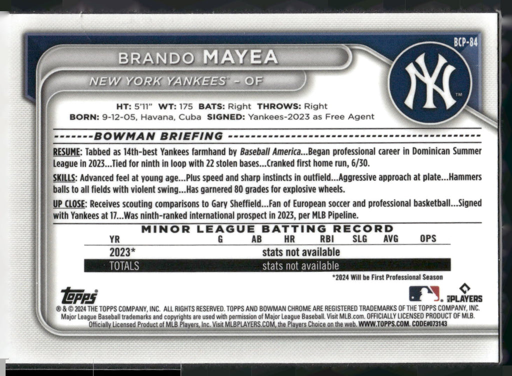 2024 Bowman #BCP-84 Brando Mayea Chrome Prospects Lunar Glow Refractors