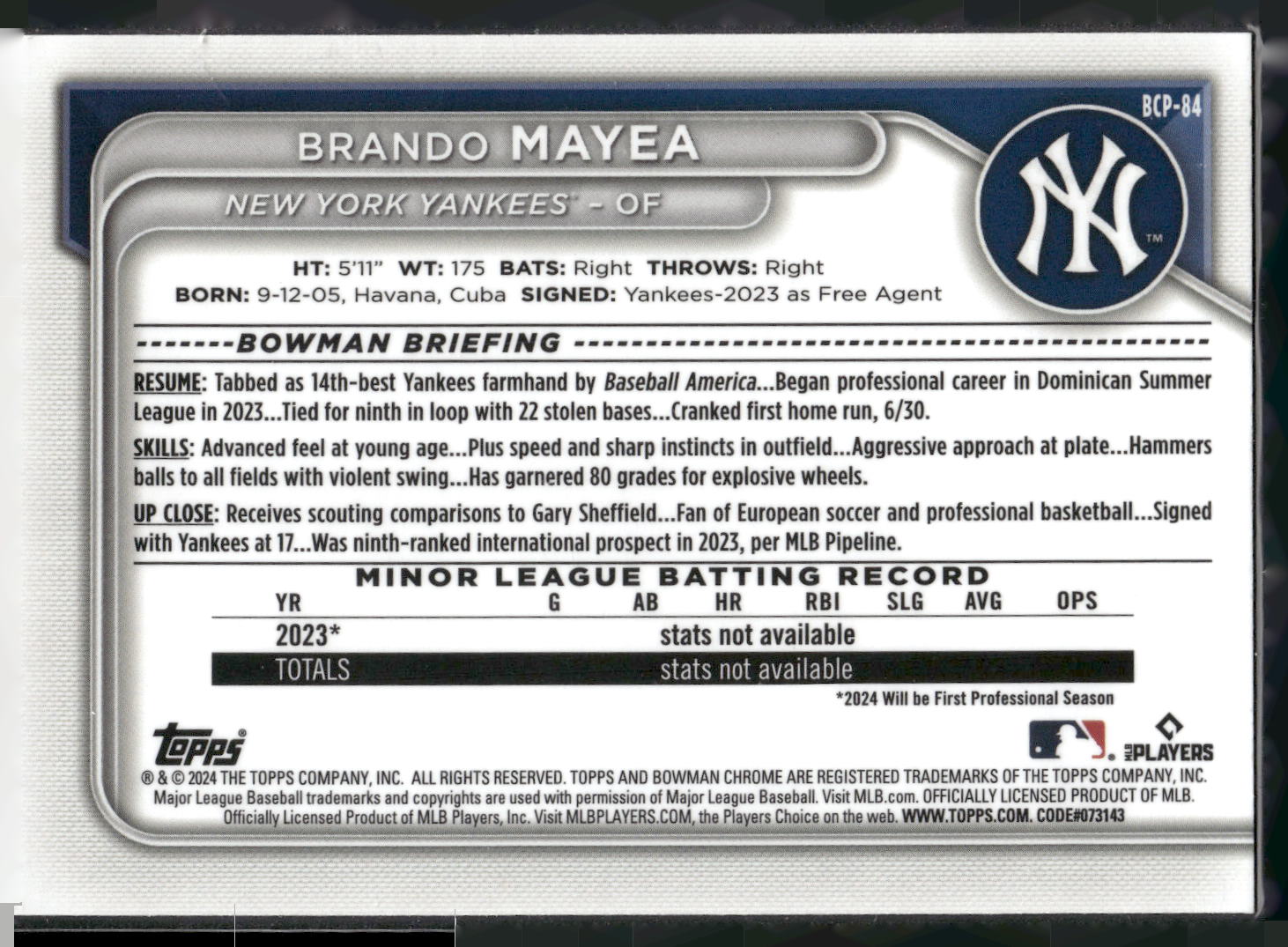 2024 Bowman #BCP-84 Brando Mayea Chrome Prospects Lunar Glow Refractors