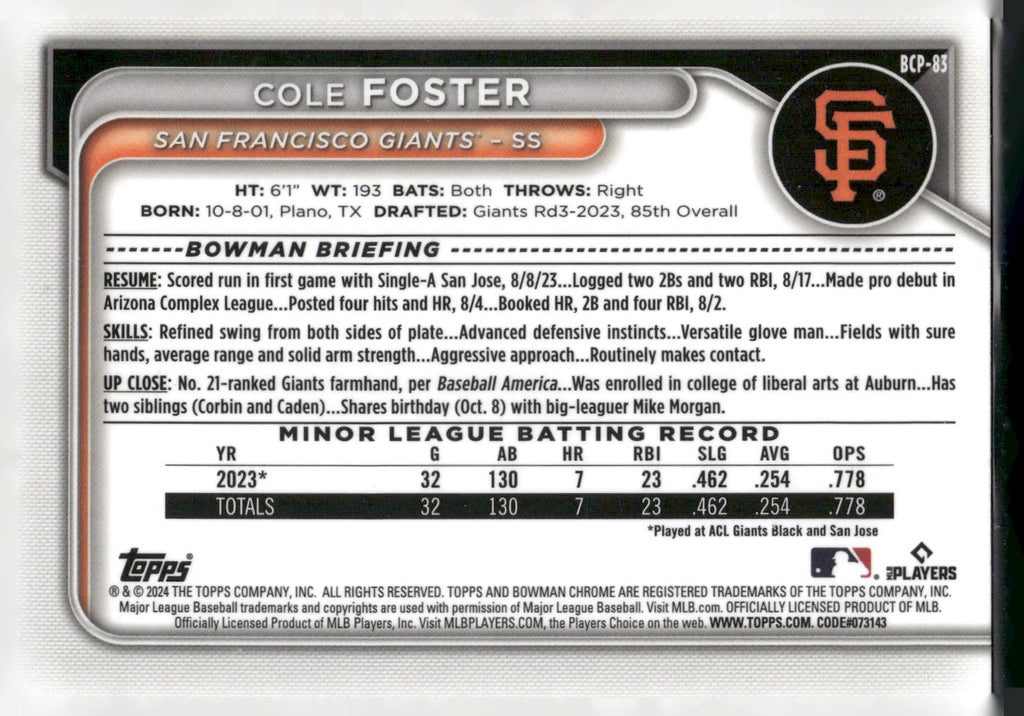 2024 Bowman #BCP-83 Cole Foster Chrome Prospects Lunar Glow Refractors