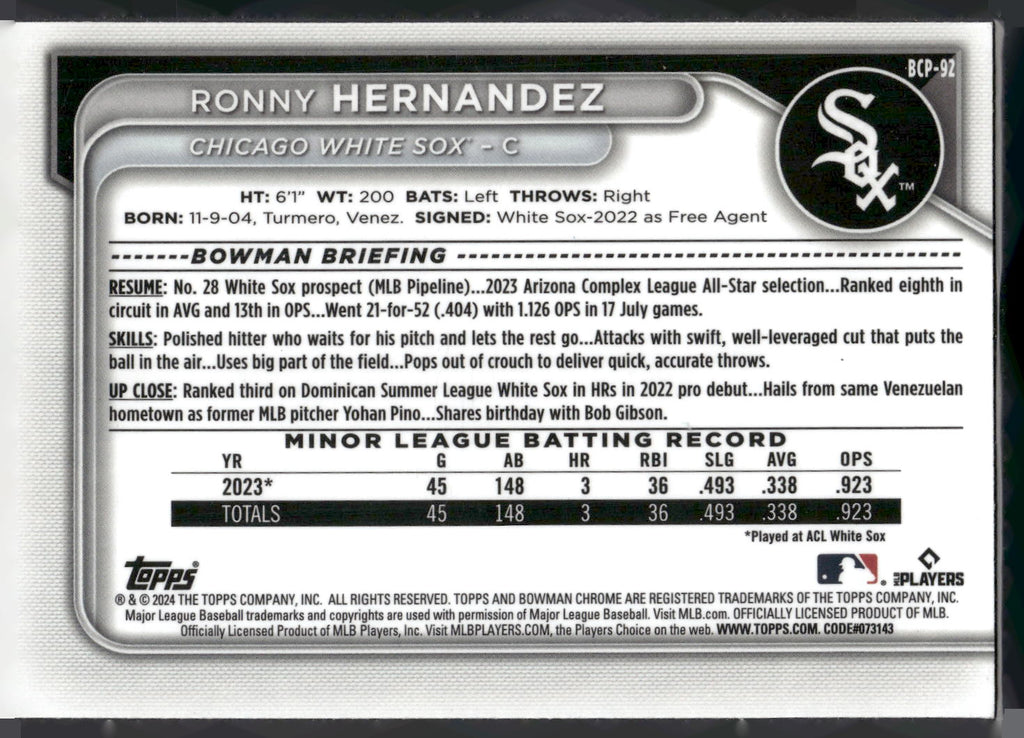 2024 Bowman #BCP-92 Ronny Hernandez Chrome Prospects Lunar Glow Refractors