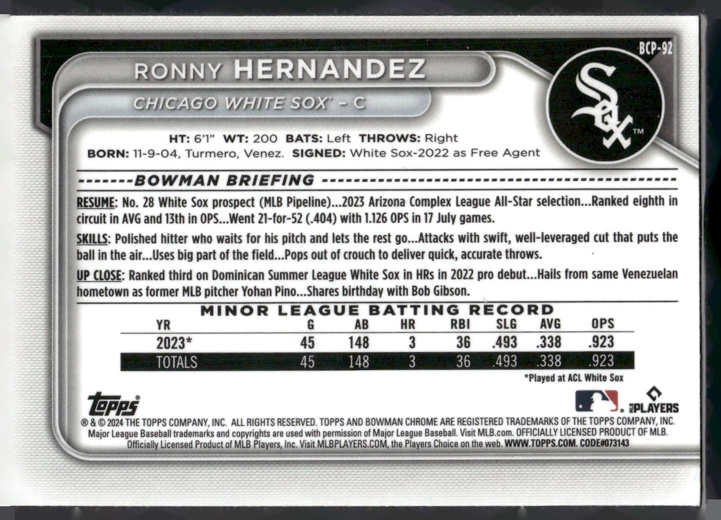 2024 Bowman #BCP-92 Ronny Hernandez Chrome Prospects Lunar Glow Refractors