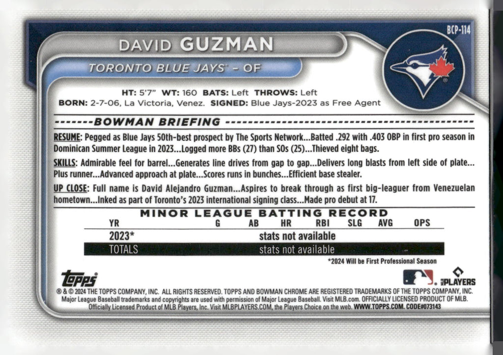 2024 Bowman #BCP-114 David Guzman Chrome Prospects Lunar Glow Refractors
