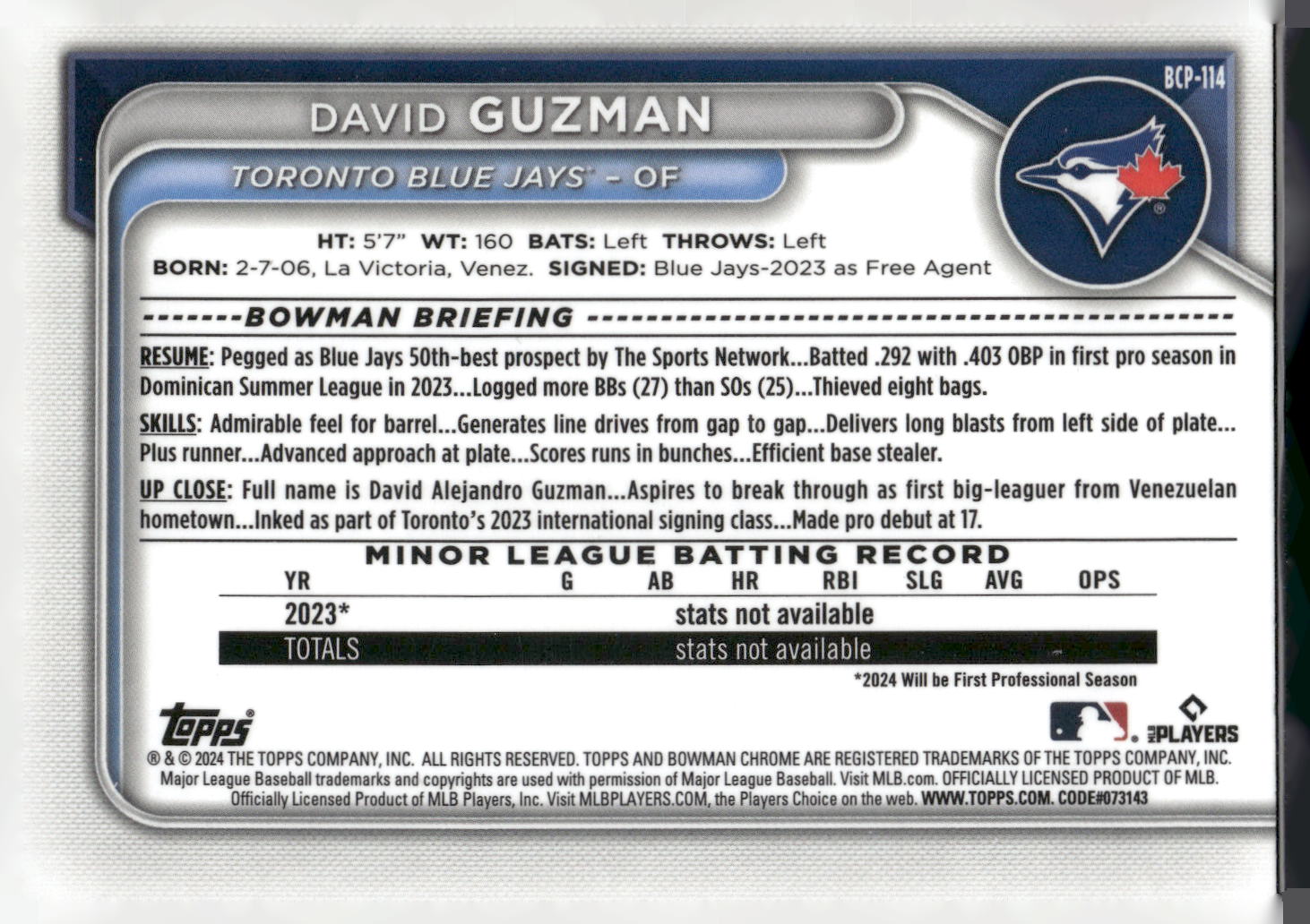 2024 Bowman #BCP-114 David Guzman Chrome Prospects Lunar Glow Refractors