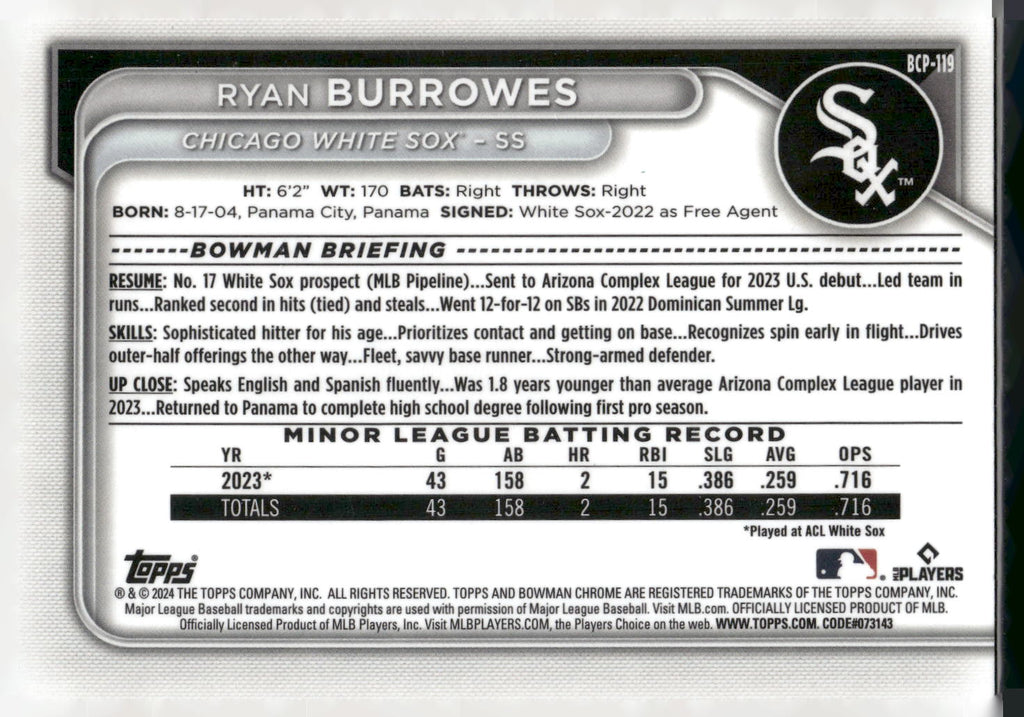 2024 Bowman #BCP-119 Ryan Burrowes Chrome Prospects Lunar Glow Refractors