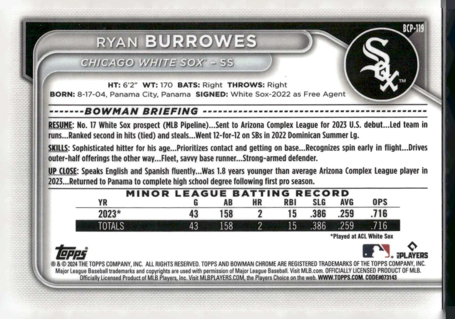 2024 Bowman #BCP-119 Ryan Burrowes Chrome Prospects Lunar Glow Refractors