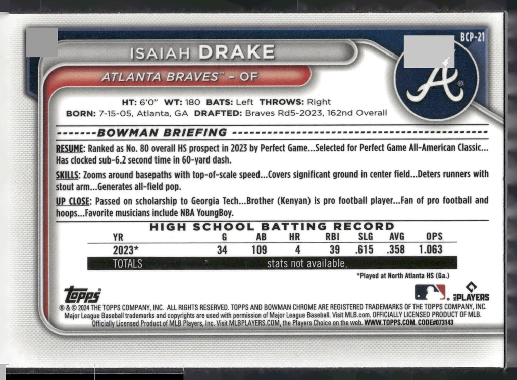 2024 Bowman #BCP-21 Isaiah Drake Chrome Prospects Lunar Glow Refractors