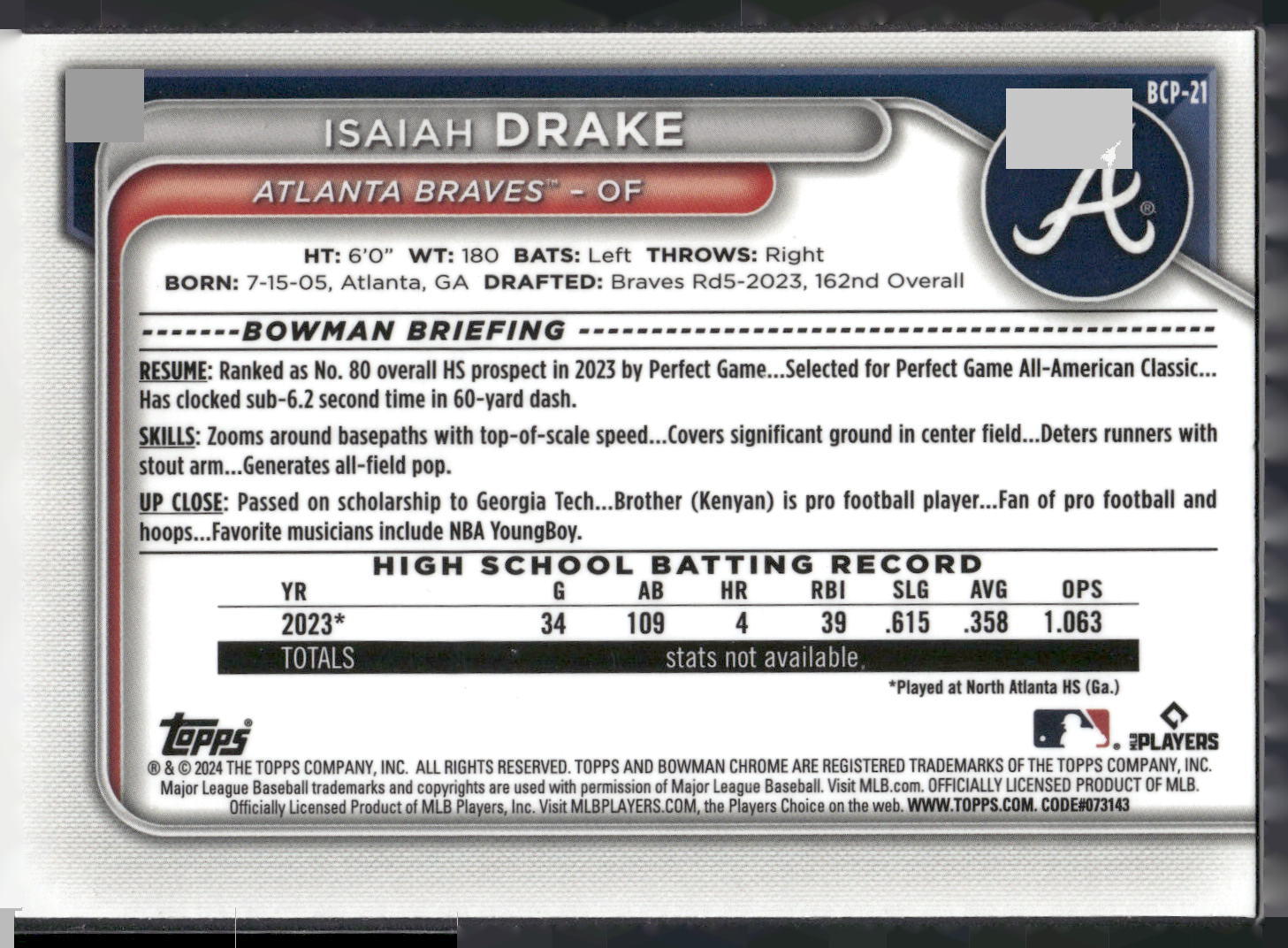 2024 Bowman #BCP-21 Isaiah Drake Chrome Prospects Lunar Glow Refractors