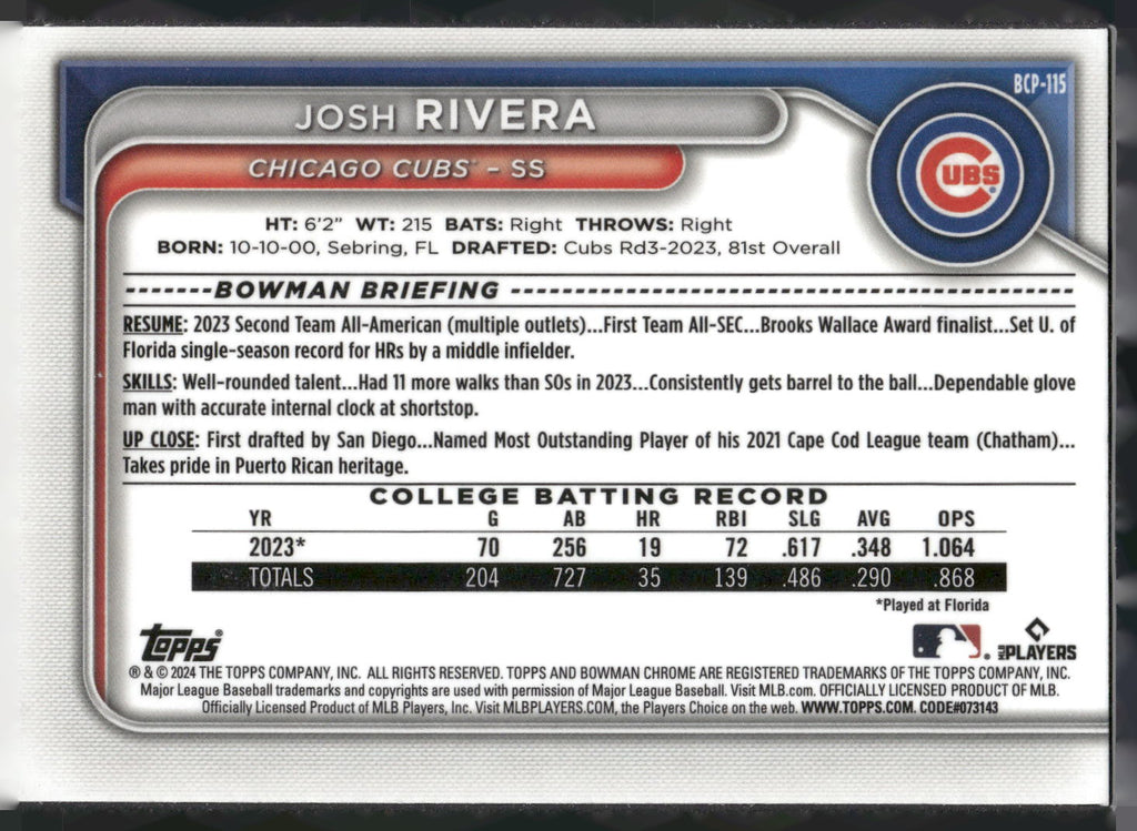 2024 Bowman #BCP-115 Josh Rivera Chrome Prospects Lunar Glow Refractors