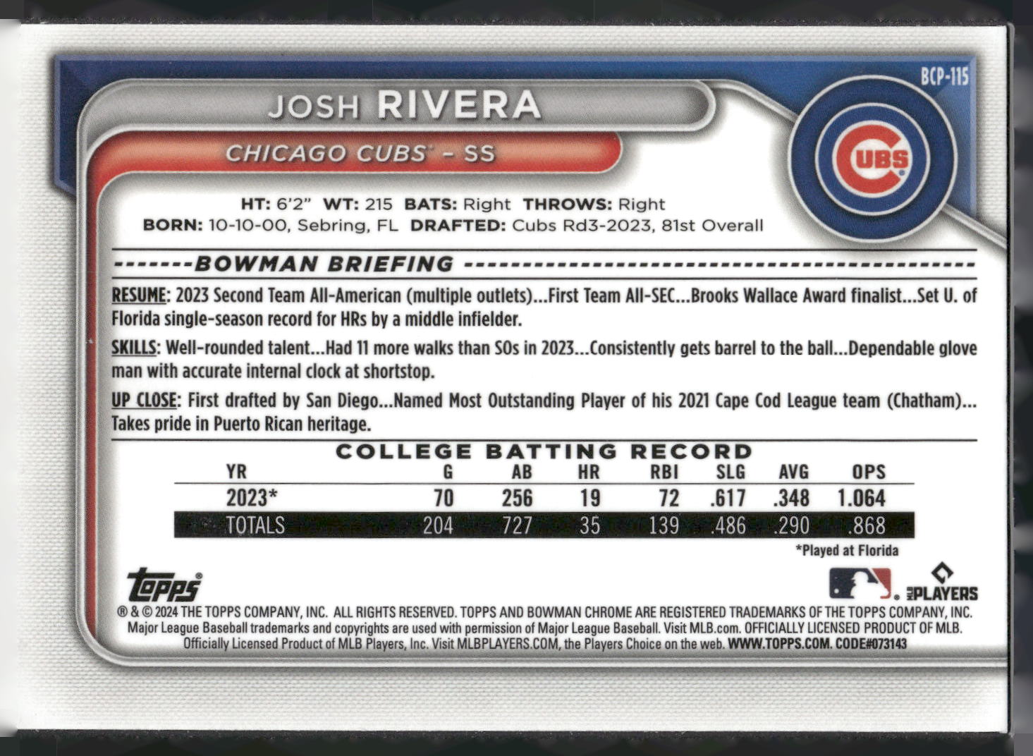 2024 Bowman #BCP-115 Josh Rivera Chrome Prospects Lunar Glow Refractors