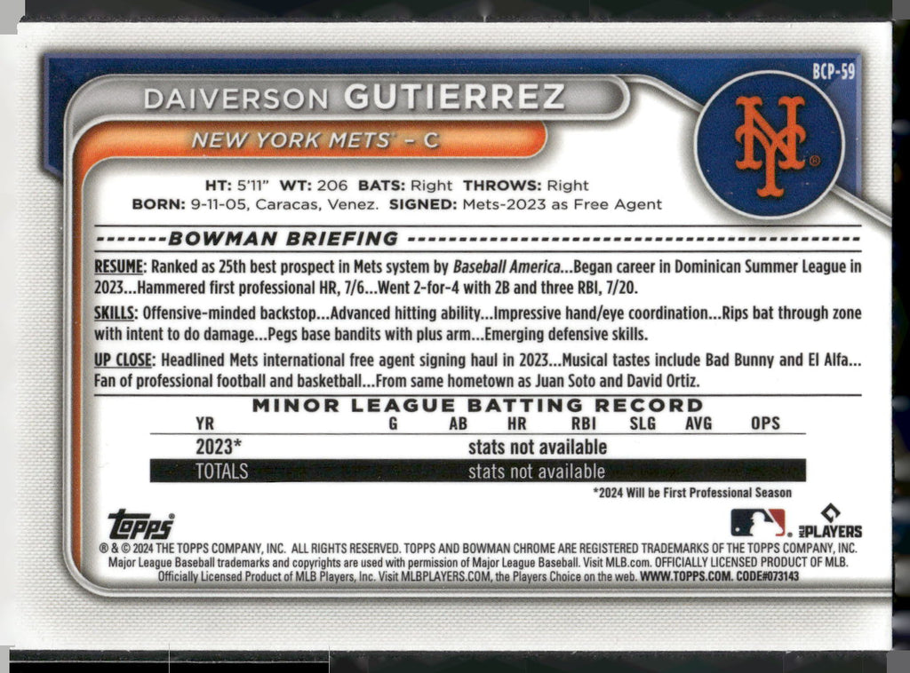 2024 Bowman #BCP-59 Daiverson Gutierrez Chrome Prospects Lunar Glow Refractors