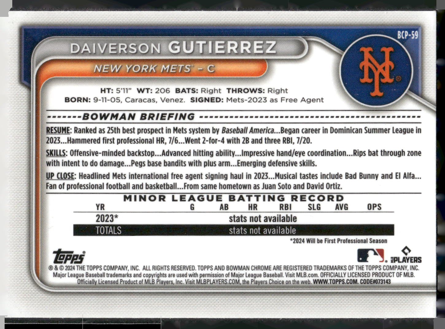 2024 Bowman #BCP-59 Daiverson Gutierrez Chrome Prospects Lunar Glow Refractors