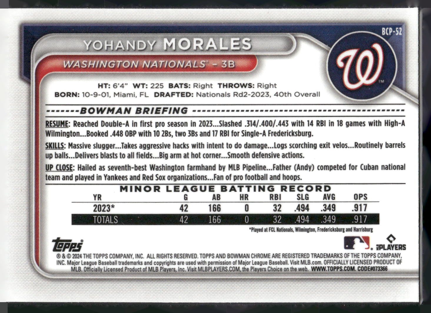 2024 Bowman #BCP-52 Yohandy Morales Chrome Prospects Mojo Refractors