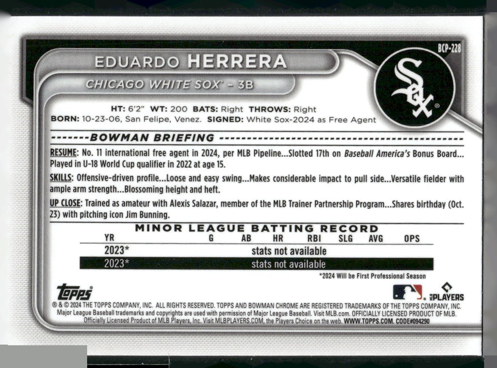 2024 Bowman Chrome #BCP-228 Eduardo Herrera Prospects Mojo Refractors