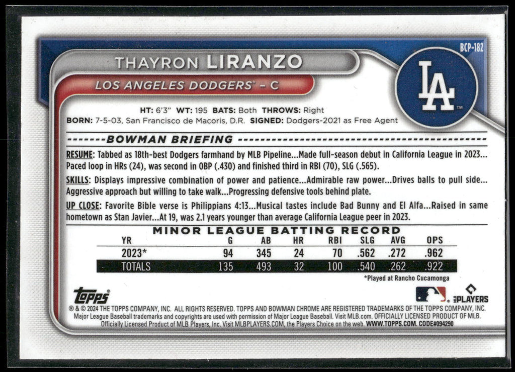 2024 Bowman Chrome #BCP-182 Thayron Liranzo Prospects Mojo Refractors