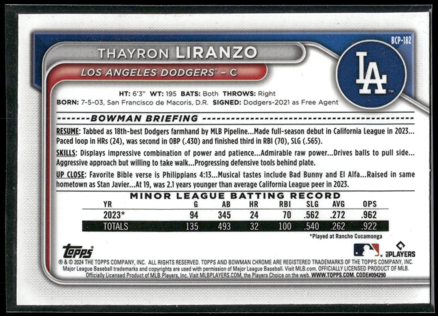 2024 Bowman Chrome #BCP-182 Thayron Liranzo Prospects Mojo Refractors
