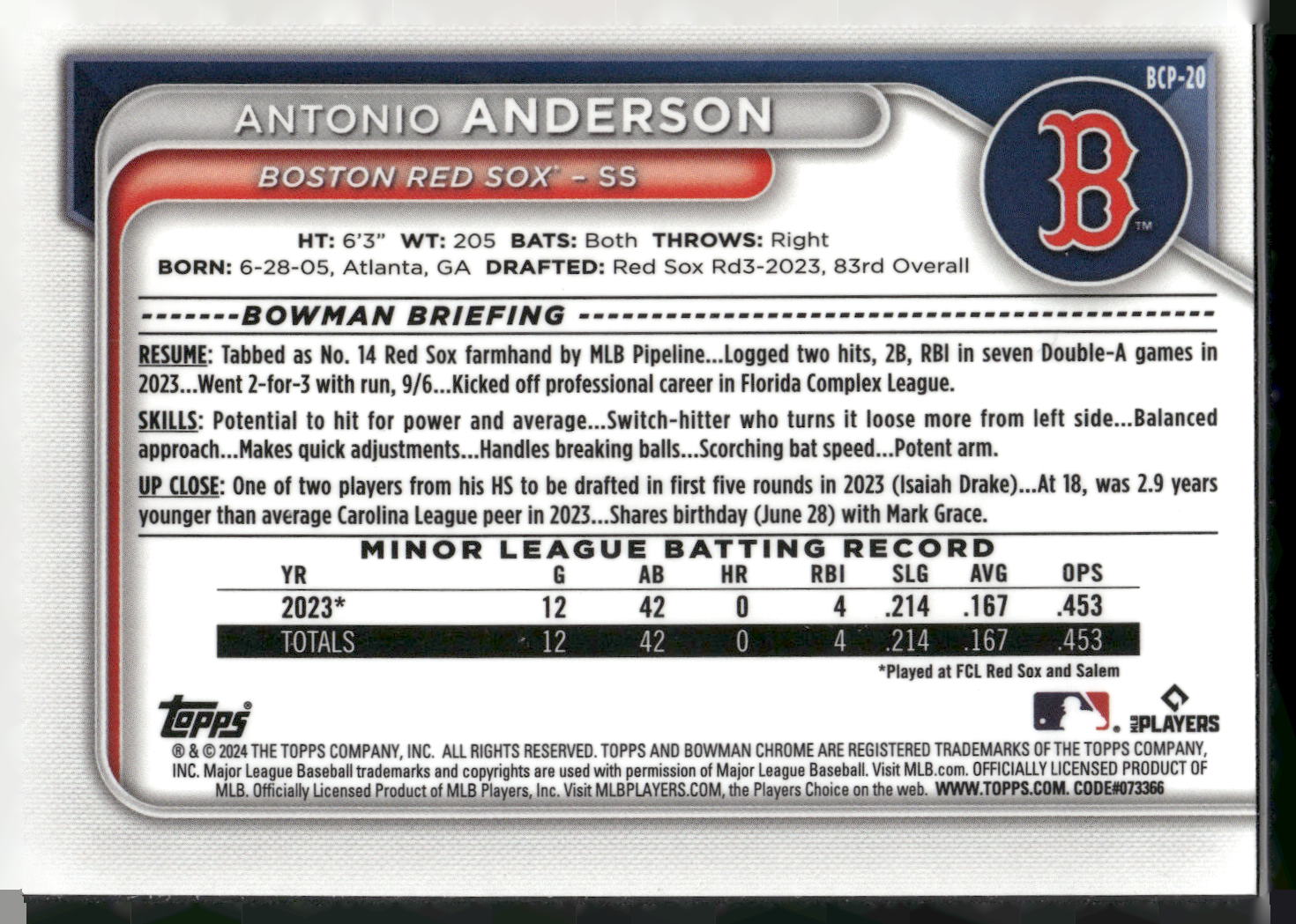 2024 Bowman #BCP-20 Antonio Anderson Chrome Prospects Mojo Refractors