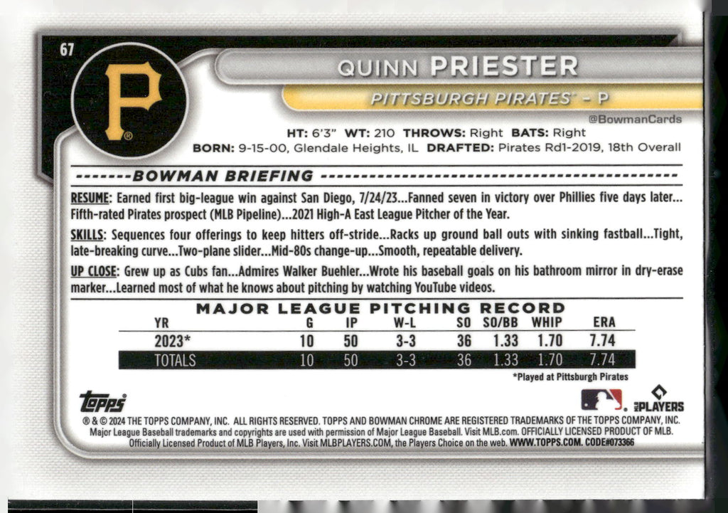 2024 Bowman #67 Quinn Priester Chrome Mojo Refractors