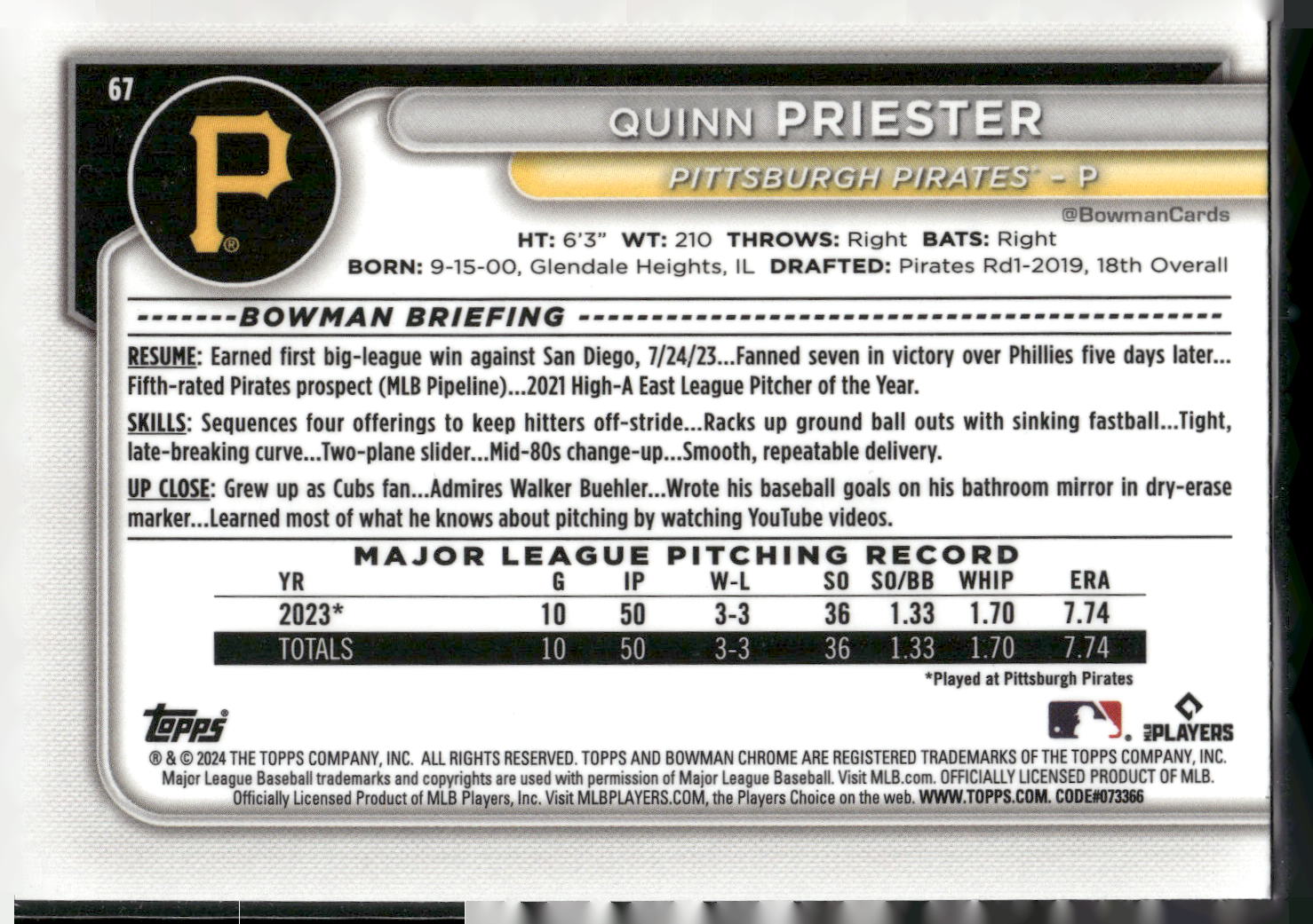 2024 Bowman #67 Quinn Priester Chrome Mojo Refractors