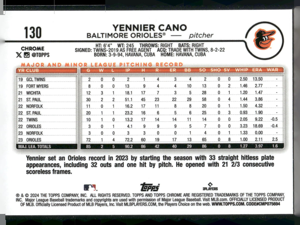2024 Topps Chrome #130 Yennier Cano X-Fractors