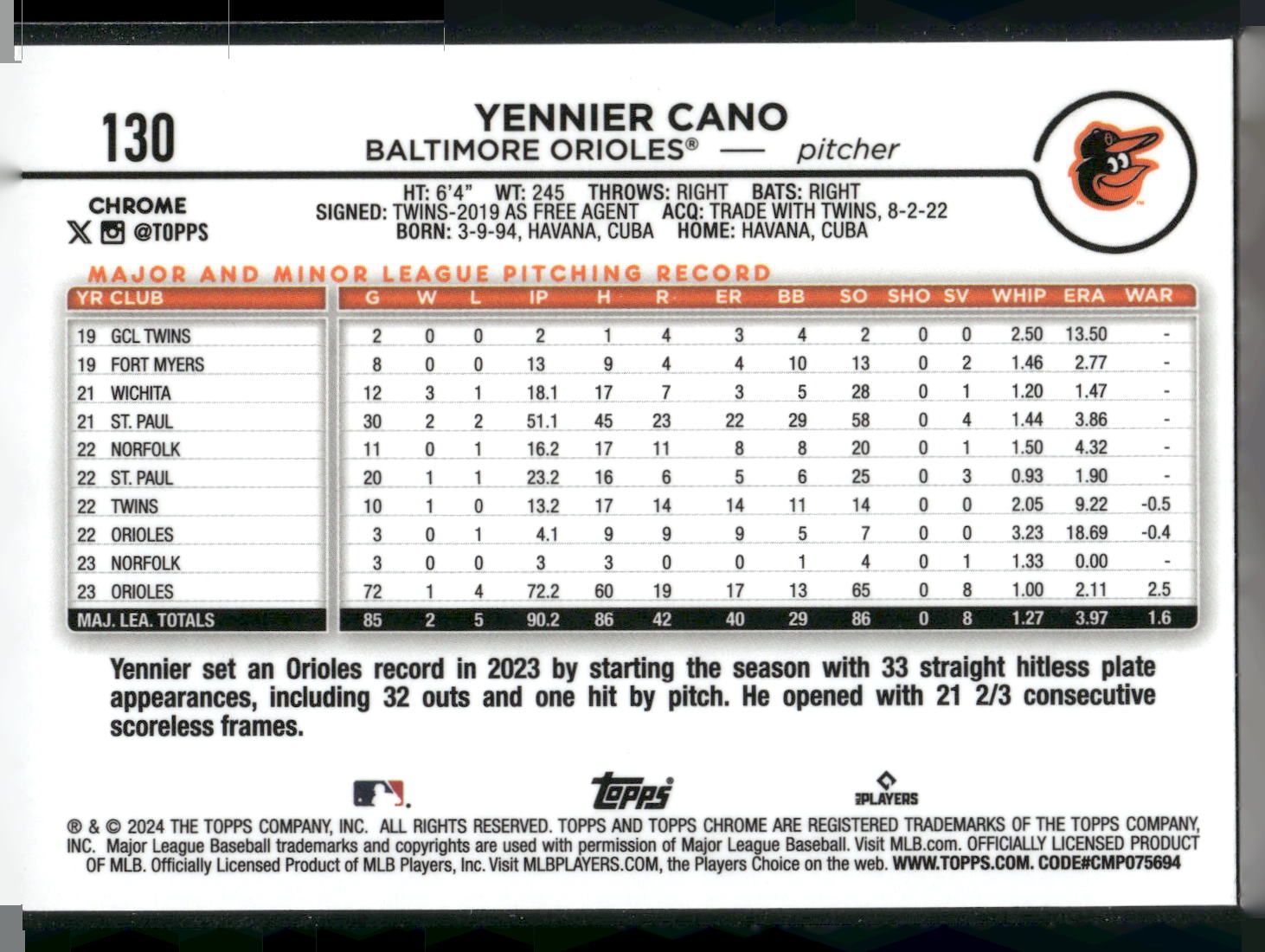2024 Topps Chrome #130 Yennier Cano X-Fractors