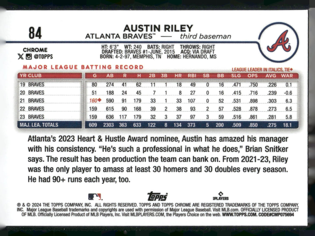2024 Topps Chrome #84 Austin Riley X-Fractors