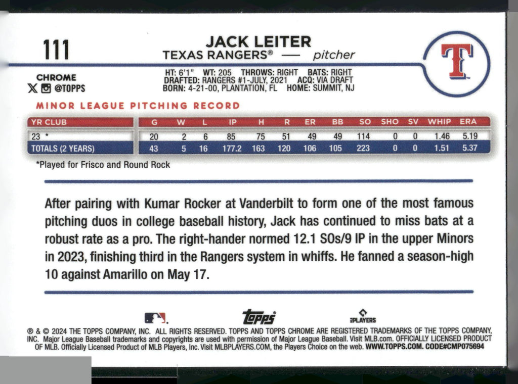 2024 Topps Chrome #111 Jack Leiter X-Fractors