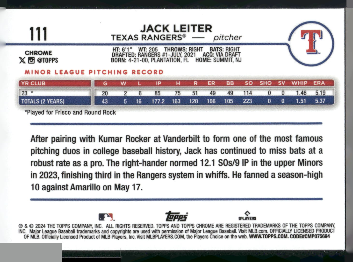 2024 Topps Chrome #111 Jack Leiter X-Fractors