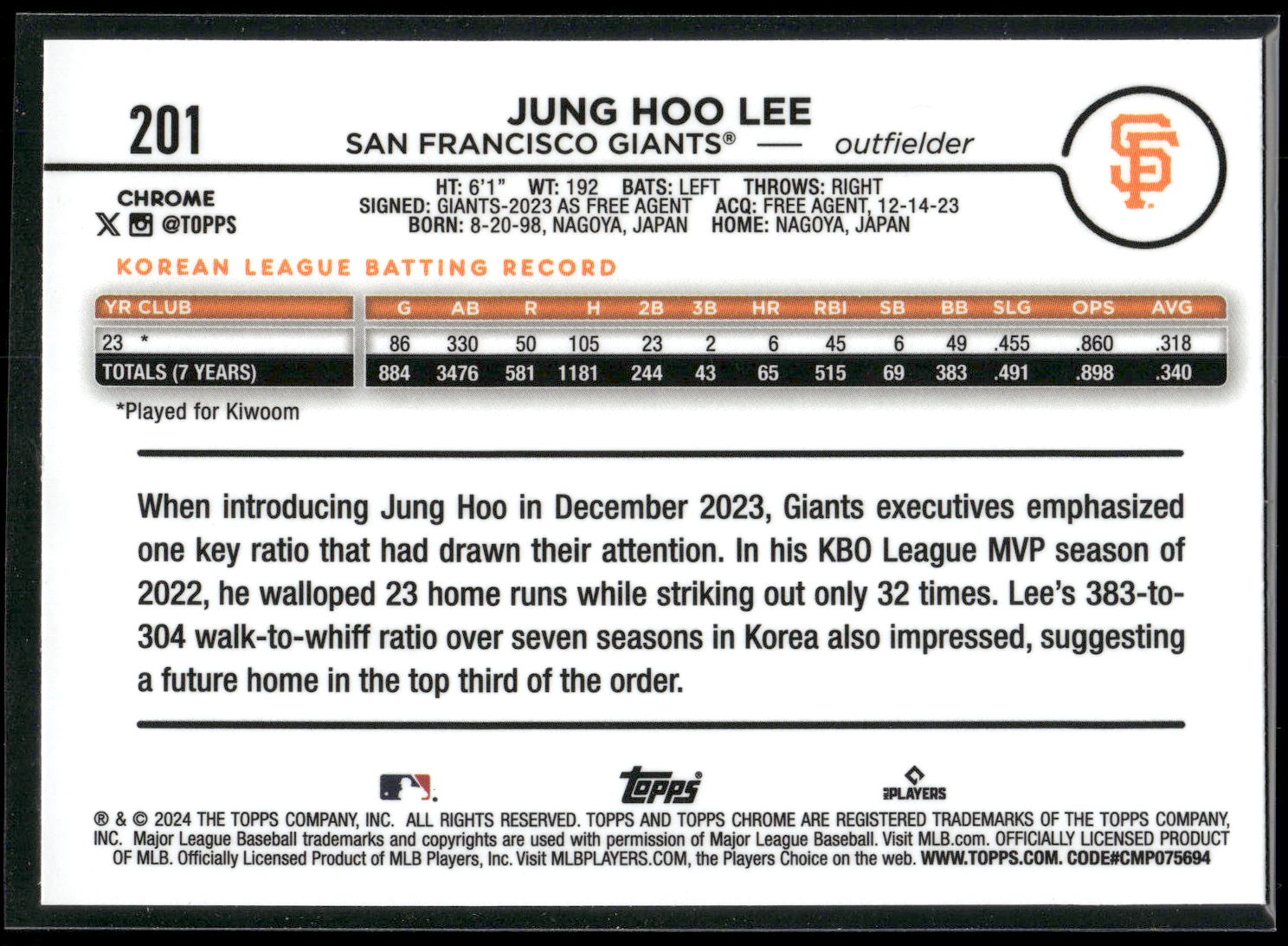 2024 Topps Chrome #201 Jung Hoo Lee X-Fractors