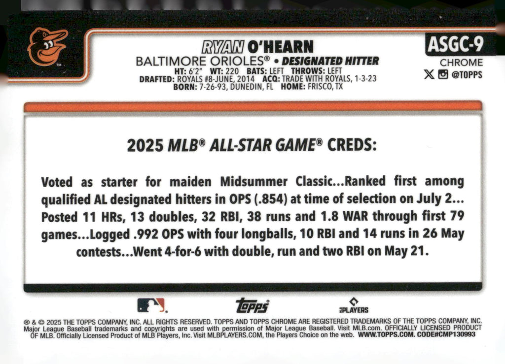 2025 Topps Chrome Update #ASGC-9 Ryan O'Hearn 2025 All-Star Game
