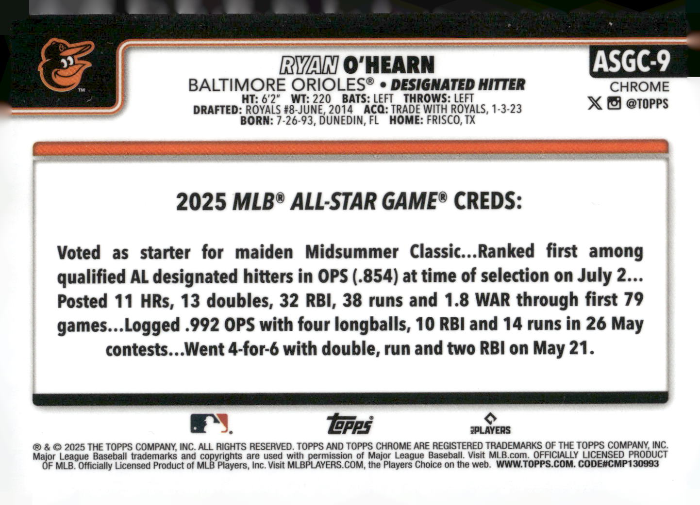 2025 Topps Chrome Update #ASGC-9 Ryan O'Hearn 2025 All-Star Game