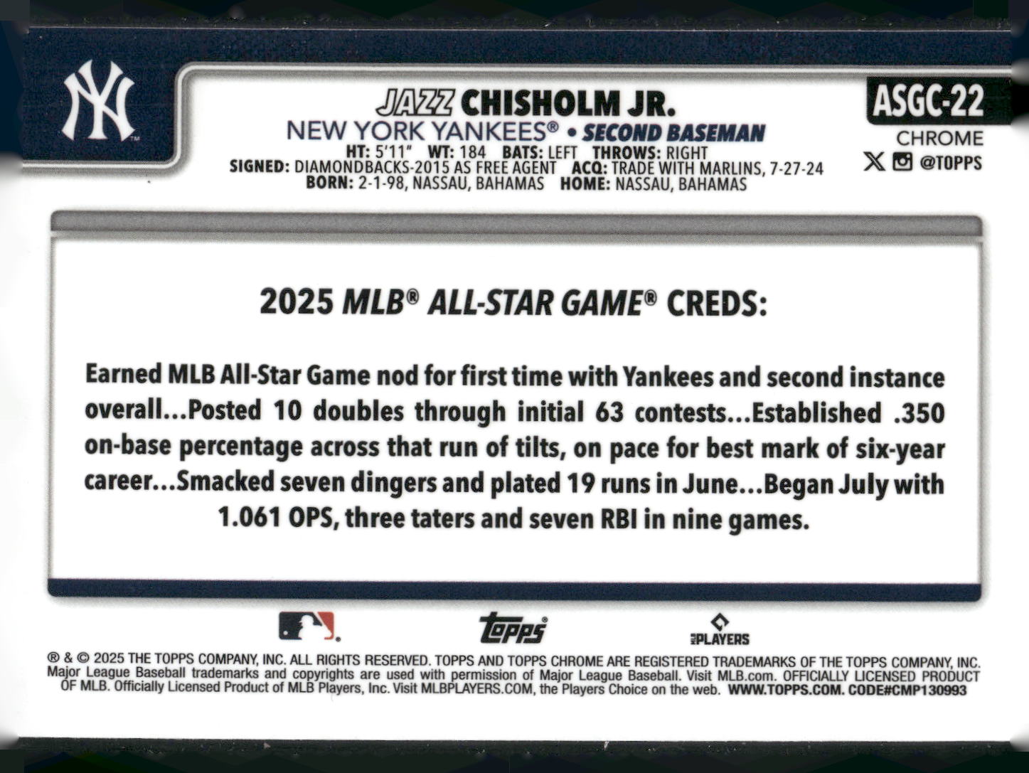 2025 Topps Chrome Update #ASGC-22 Jazz Chisholm Jr. 2025 All-Star Game