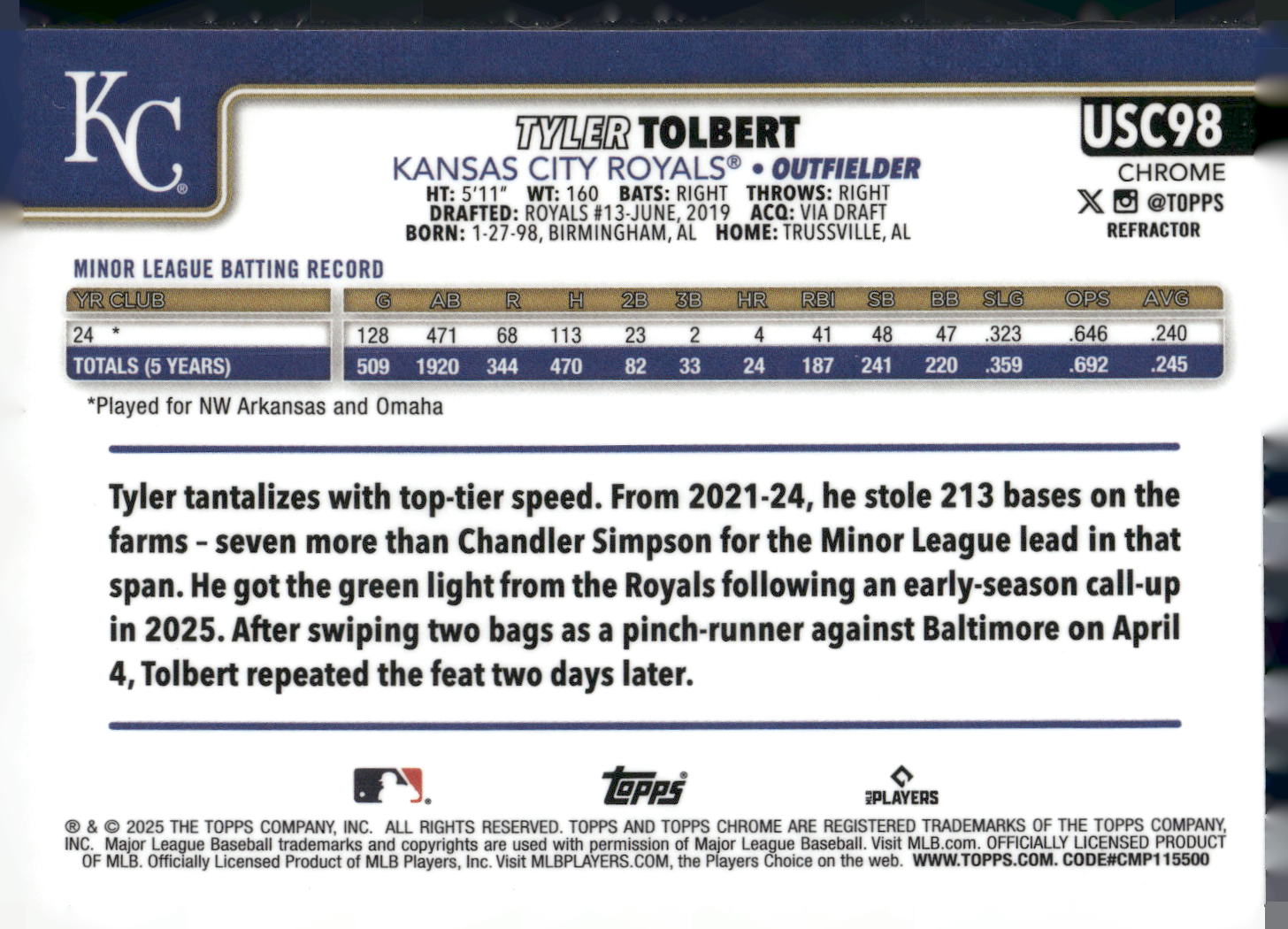 2025 Topps Chrome Update #USC98 Tyler Tolbert
