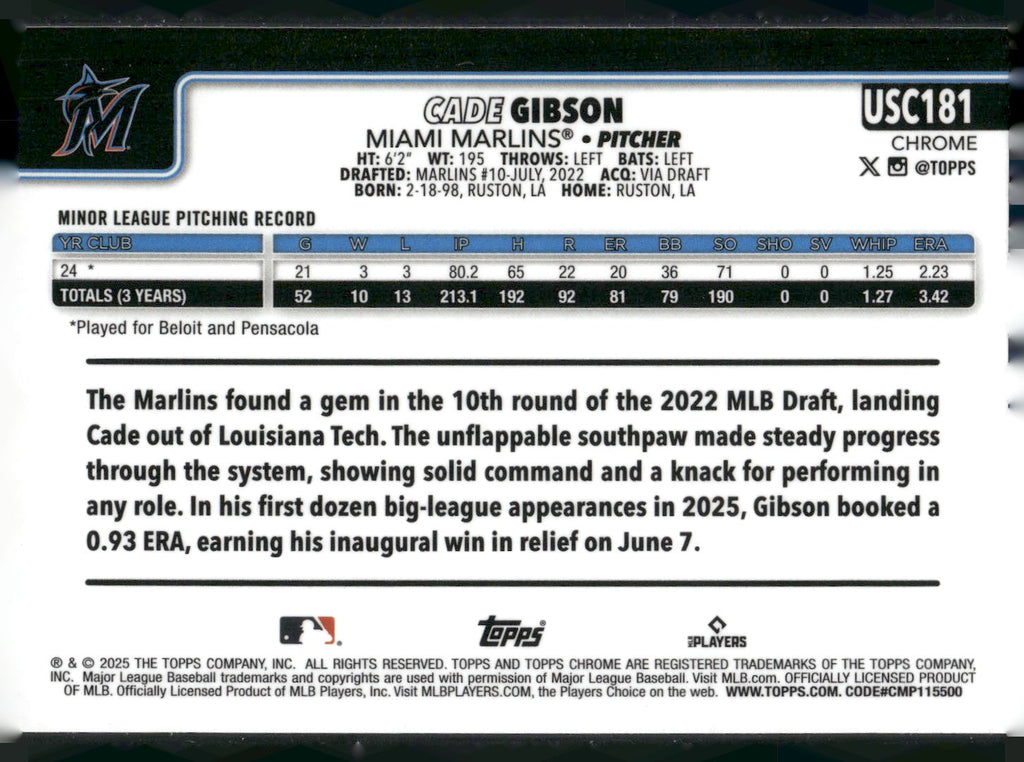 2025 Topps Chrome Update #USC181 Cade Gibson RayWave Refractor