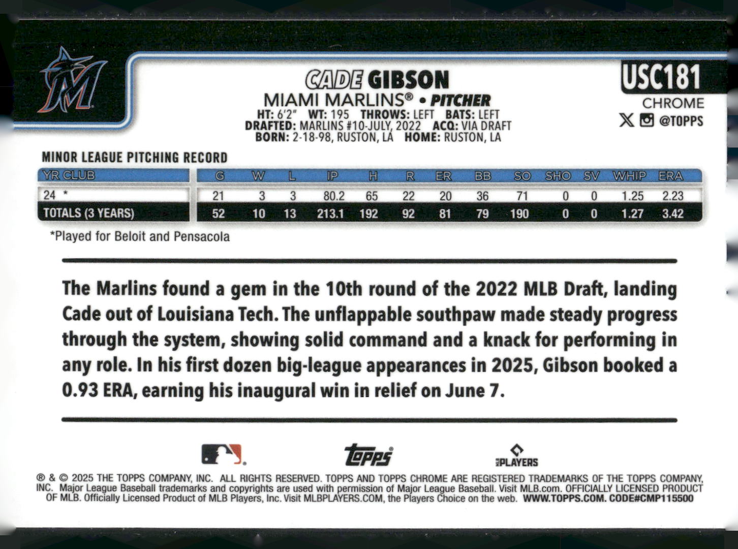 2025 Topps Chrome Update #USC181 Cade Gibson RayWave Refractor