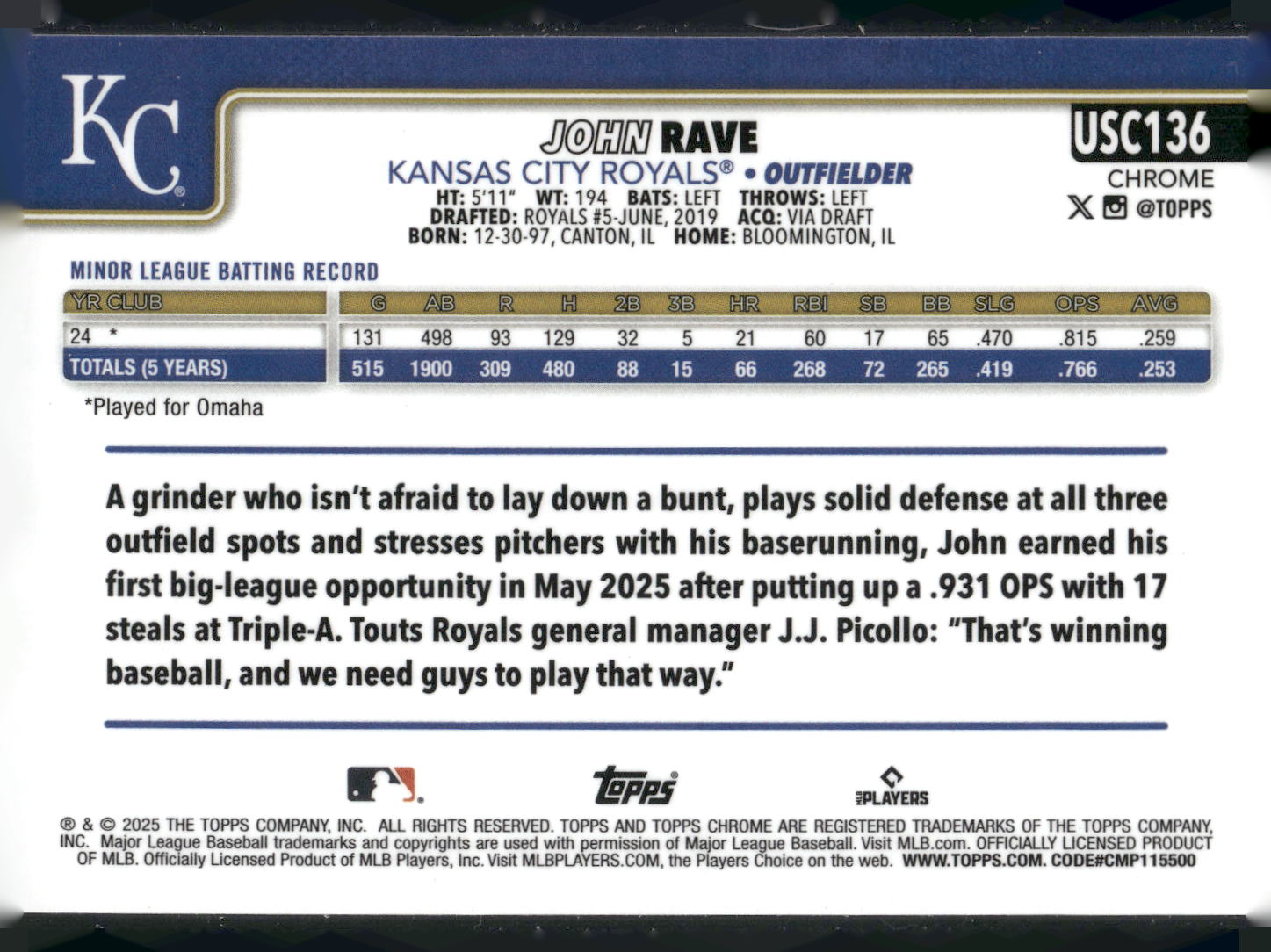 2025 Topps Chrome Update #USC136 John Rave RayWave Refractor