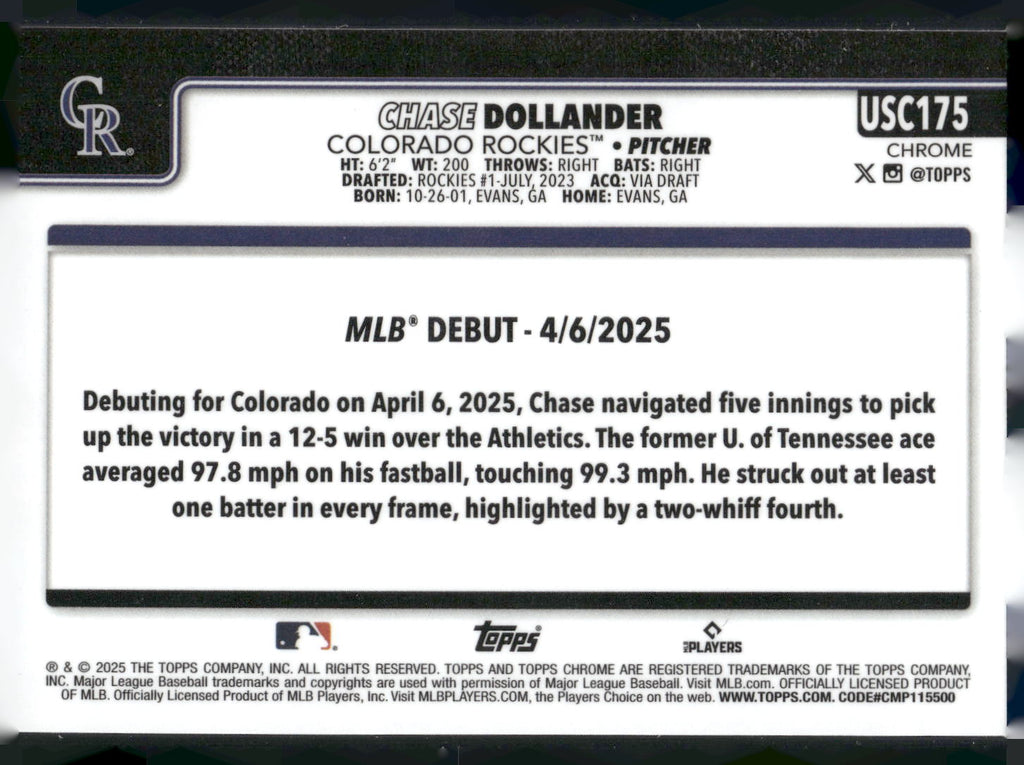 2025 Topps Chrome Update #USC175 Chase Dollander RayWave Refractor