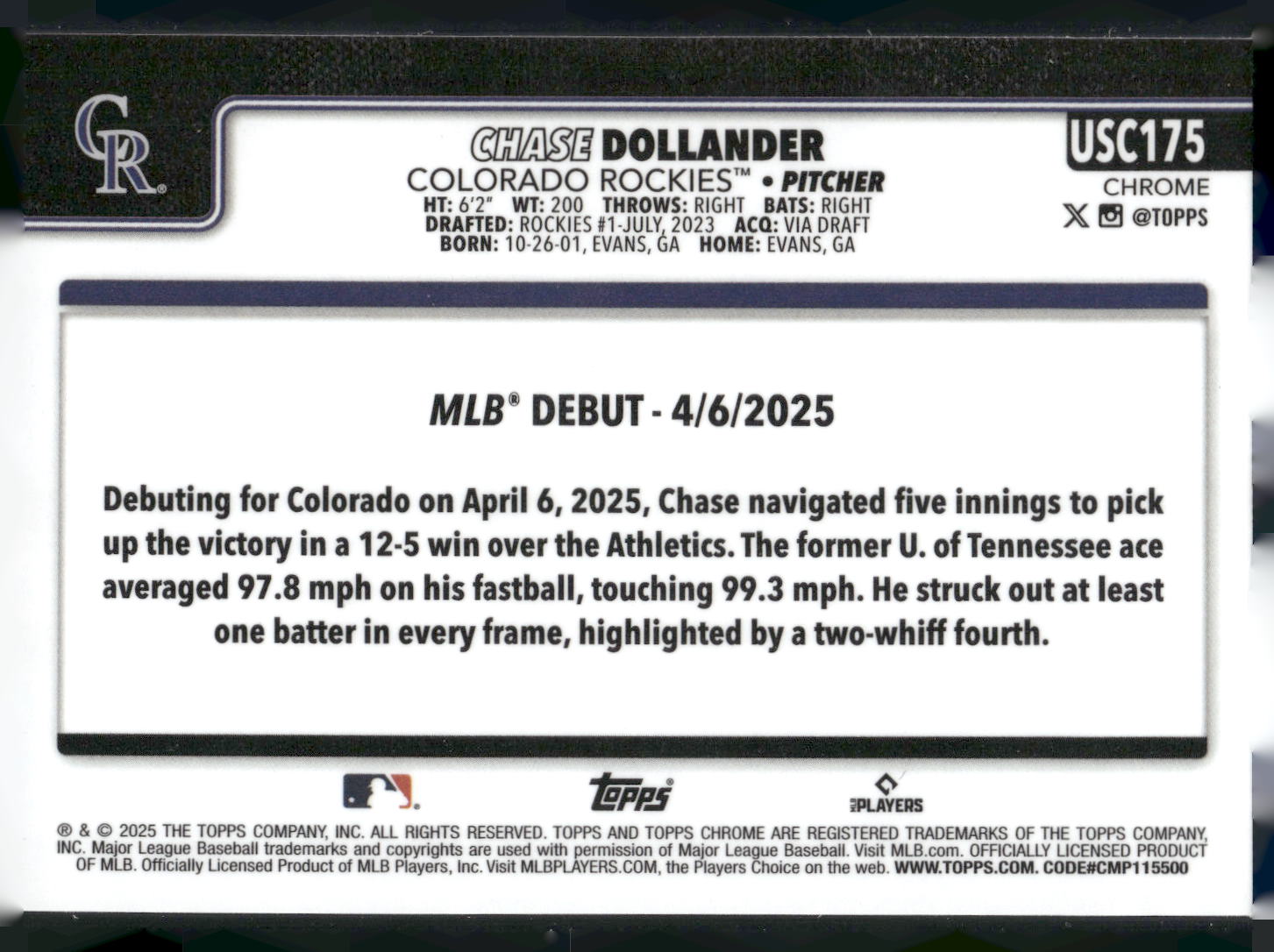 2025 Topps Chrome Update #USC175 Chase Dollander RayWave Refractor