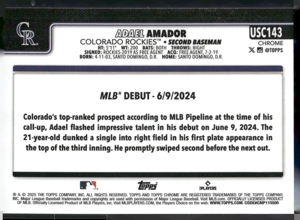 2025 Topps Chrome Update #USC143 Adael Amador RayWave Refractor