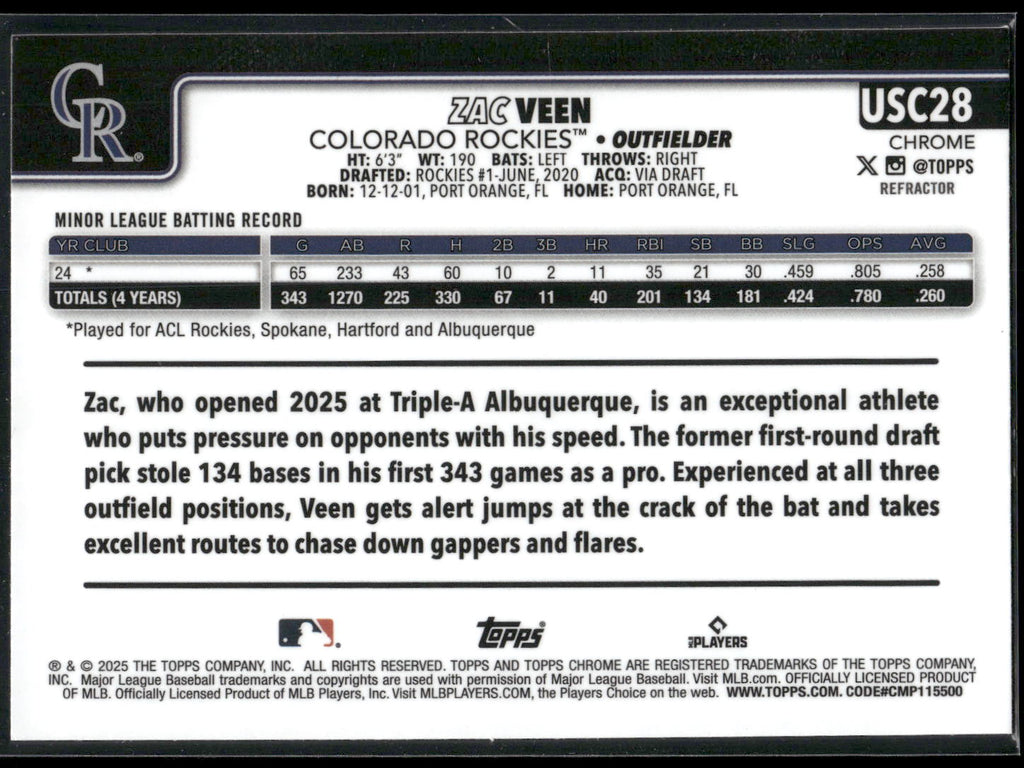 2025 Topps Chrome Update #USC28 Zac Veen RayWave Refractor